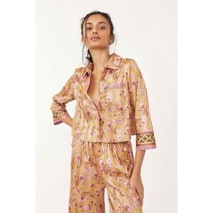 Free People Intimately Gold Printed Satin Lounge Pajama Party Sleep Top Sz Small